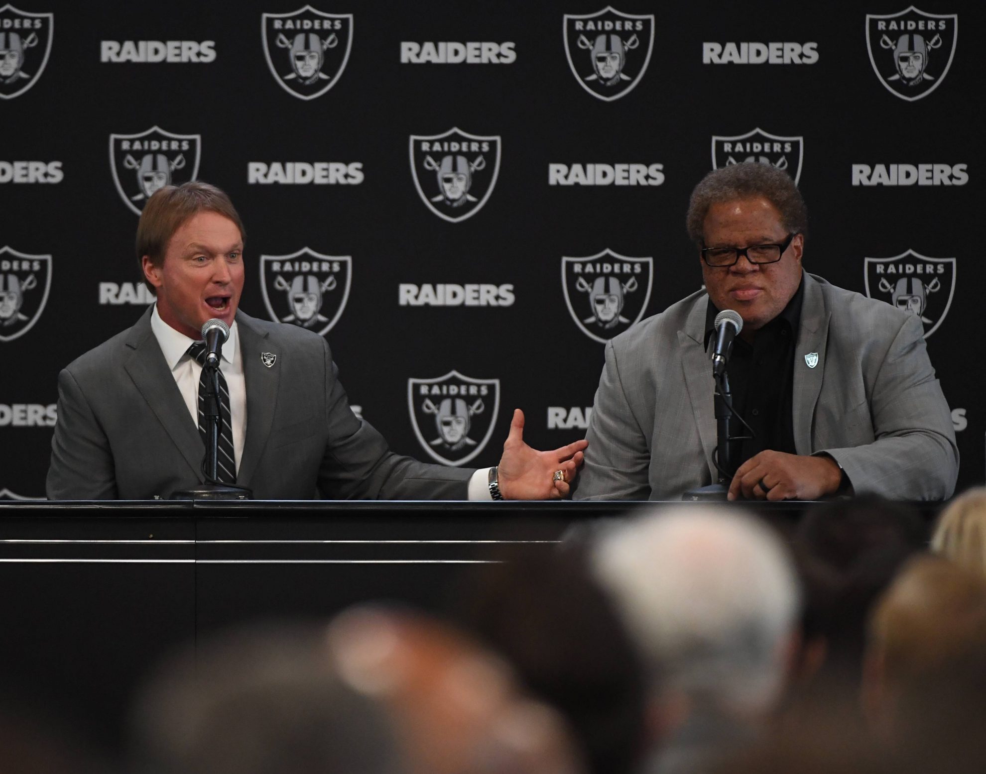 Reggie McKenzie Oakland Raiders new head coach John Gruden L answers with Reggie McKenzie at the Raiders Headquarter