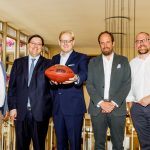 Patrik Meyer (Geschäftsführer der Stadion Frankfurt Management GmbH), Robert Huber (Präsident des American Football Verbandes Deutschland (AFVD)), Markus Frank (Stadtrat für Wirtschaft, Sport, Sicherheit und Feuerwehr der Stadt Frankfurt am Main), Daniel von Busse (COO TV und Mitglied der Geschäftsleitung der Sport1 GmbH), Carsten Dalkowski (Sprecher der German Football League (GFL))