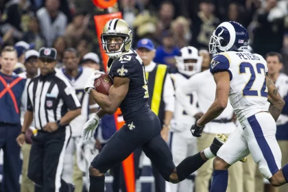 New Orleans Saints wide receiver Michael Thomas 13 looks over his shoulder at Los Angeles Rams cor