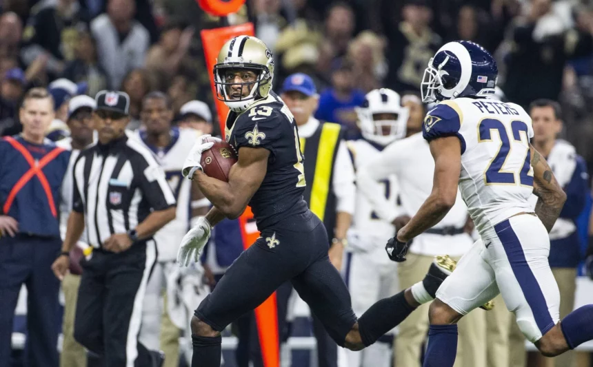 New Orleans Saints wide receiver Michael Thomas 13 looks over his shoulder at Los Angeles Rams cor