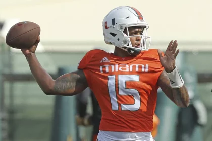 August 22 2019 Miami Florida USA Miami quarterback JARREN WILLIAMS throws the ball during pract