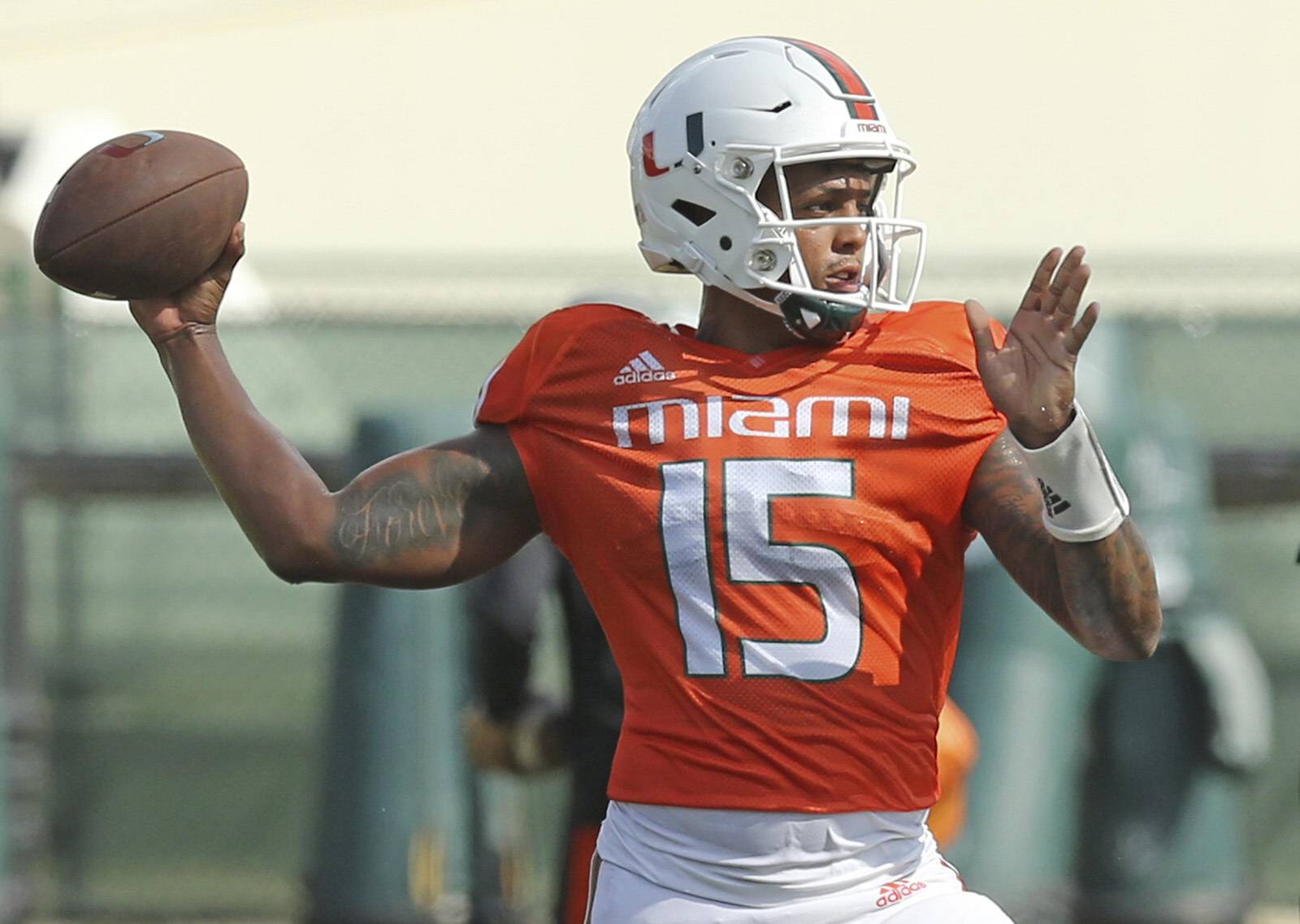 August 22 2019 Miami Florida USA Miami quarterback JARREN WILLIAMS throws the ball during pract