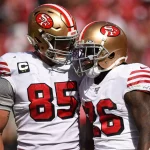 SANTA CLARA: San Francisco 49ers Running Back Tevin Coleman (26) celebrates with Tight End George Kittle