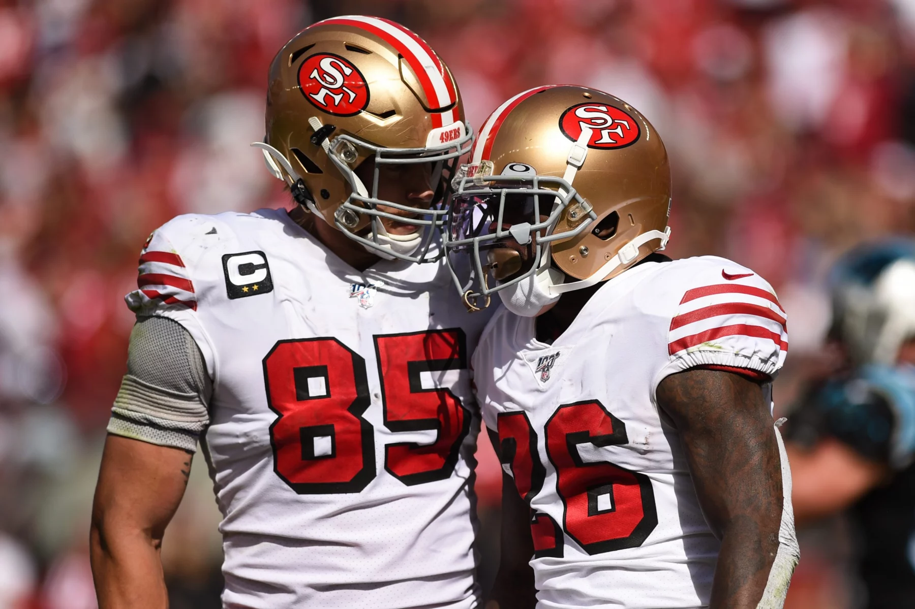SANTA CLARA: San Francisco 49ers Running Back Tevin Coleman (26) celebrates with Tight End George Kittle