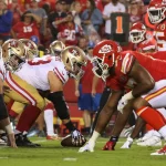 KANSAS CITY MO AUGUST 24 A view down the line of scrimmage before the snap in the first half of