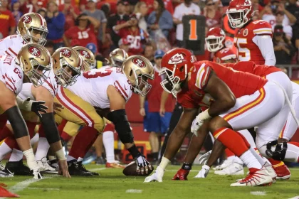 KANSAS CITY MO AUGUST 24 A view down the line of scrimmage before the snap in the first half of