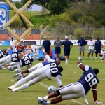 The Dallas Cowboys at their 2008 summer training camp in Oxnard, CA during a training session working out.