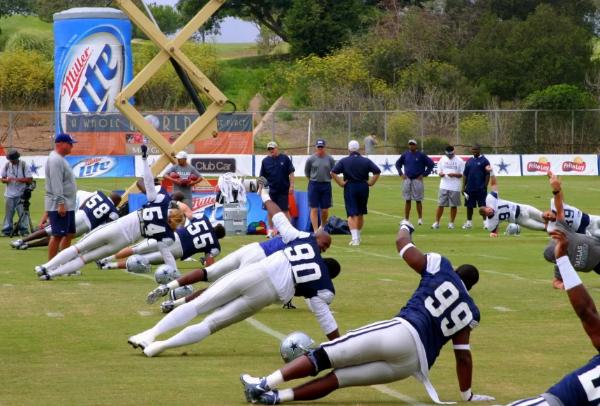The Dallas Cowboys at their 2008 summer training camp in Oxnard, CA during a training session working out.