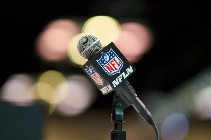 INDIANAPOLIS IN MARCH 03 A detailed view of the NFL American Football Herren USA Shield on a mic