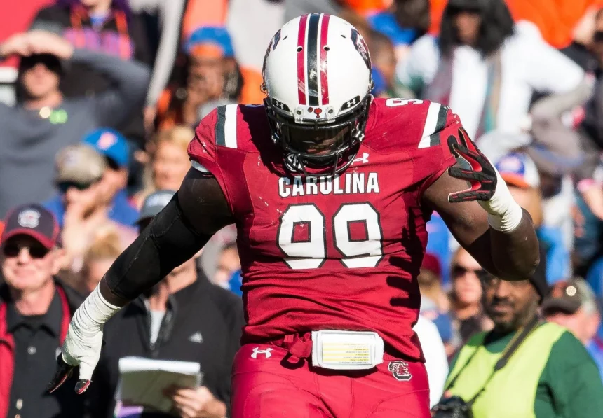 November 11 2017 Javon Kinlaw 99 of the South Carolina celebrates a tackle for loss in the third