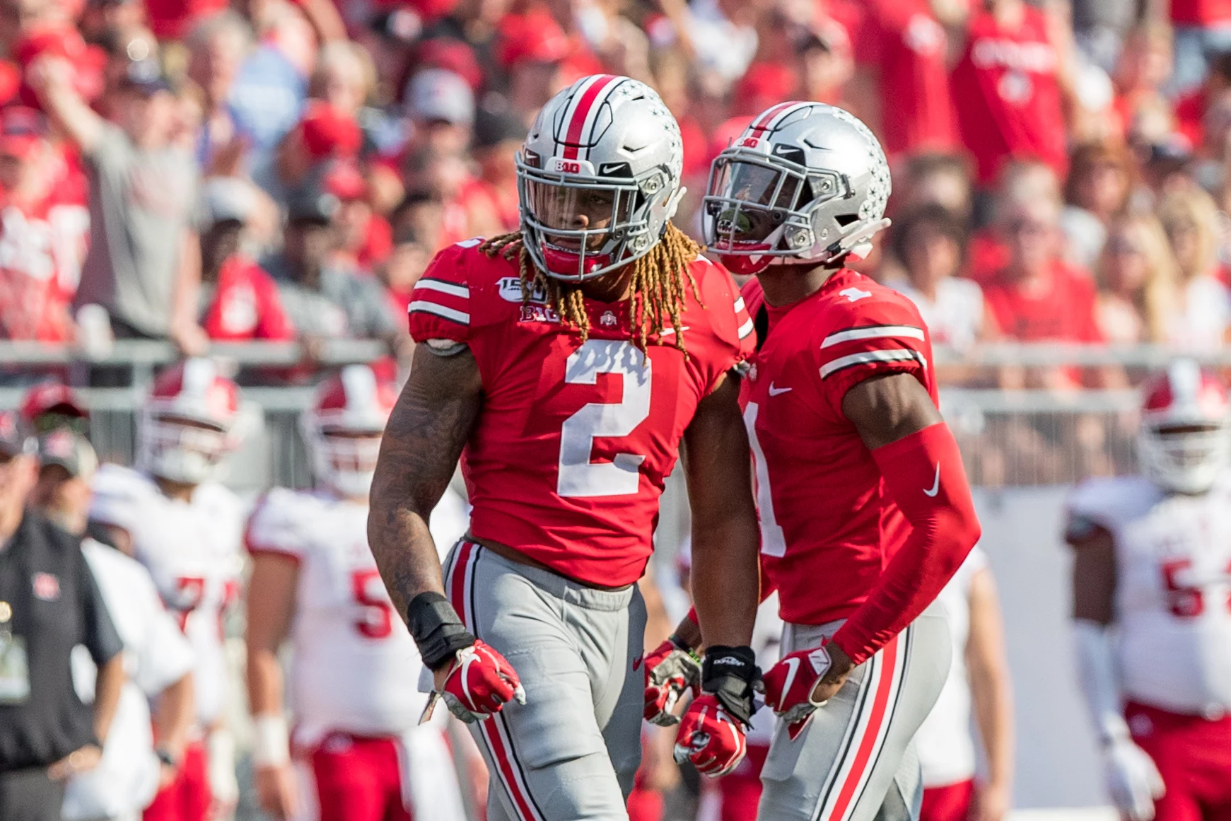 September 21, 2019, Columbus, Ohio, U.S: Ohio State Buckeyes defensive end Chase Young (2) celebrates a sack in the firs