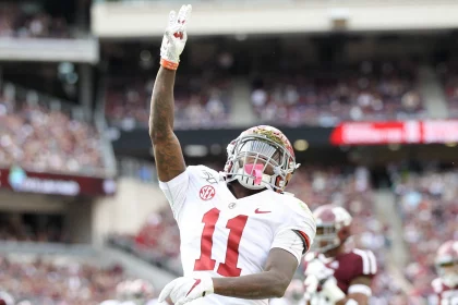 October 12, 2019, College Station, Texas, USA: Alabama Crimson Tide wide receiver Henry Ruggs III (11) celebrates after