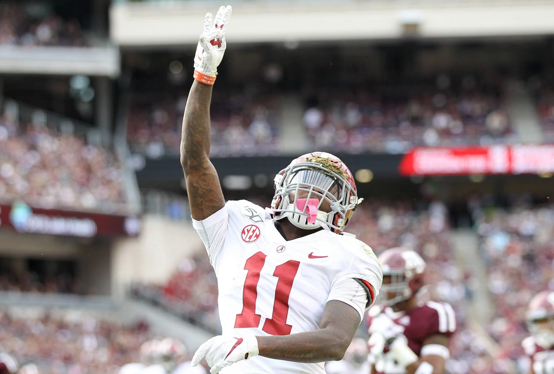 October 12, 2019, College Station, Texas, USA: Alabama Crimson Tide wide receiver Henry Ruggs III (11) celebrates after