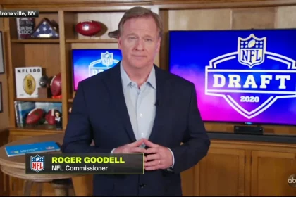 A screen grab of NFL, American Football Herren, USA commissioner Roger Goodell speaking from his home in Bronxville, New