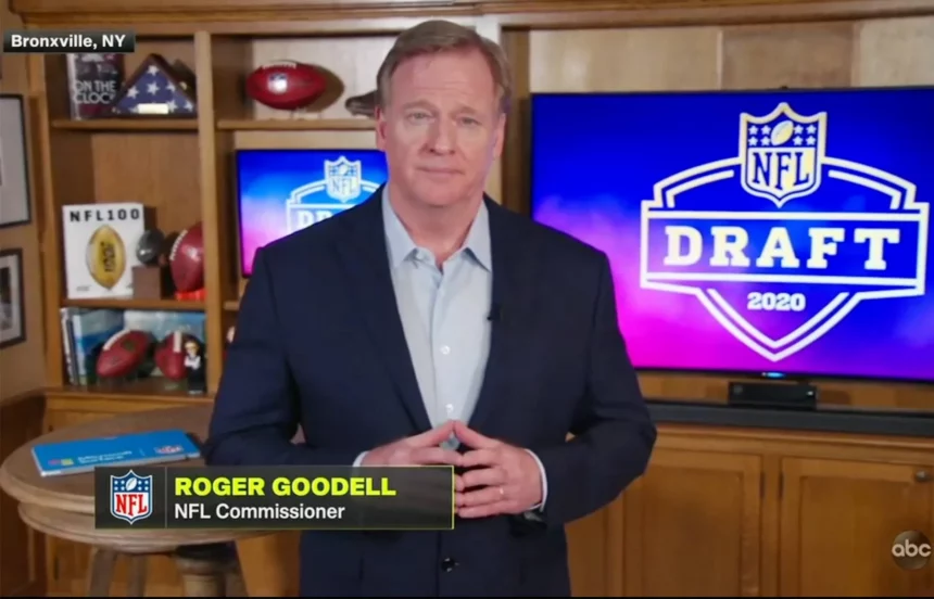 A screen grab of NFL, American Football Herren, USA commissioner Roger Goodell speaking from his home in Bronxville, New