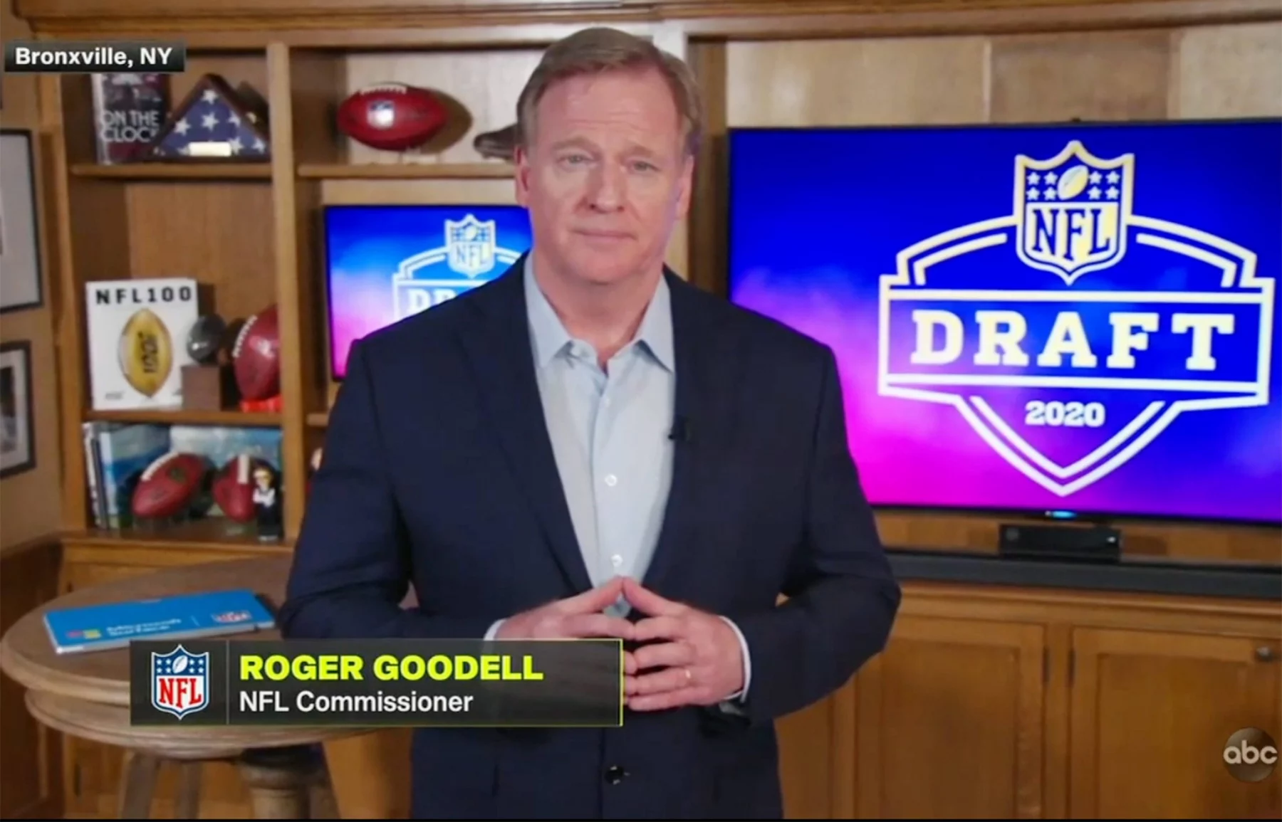 A screen grab of NFL, American Football Herren, USA commissioner Roger Goodell speaking from his home in Bronxville, New