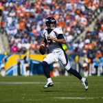 LOS ANGELES, CA - OCTOBER 06: Denver Broncos quarterback Joe Flacco (5) rolls out to pass during the NFL, American Footb
