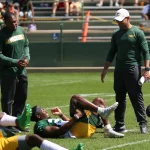 ASHWAUBENON WI AUGUST 19 Green Bay Packers head coach Matt LaFleur talks with Green Bay Packers