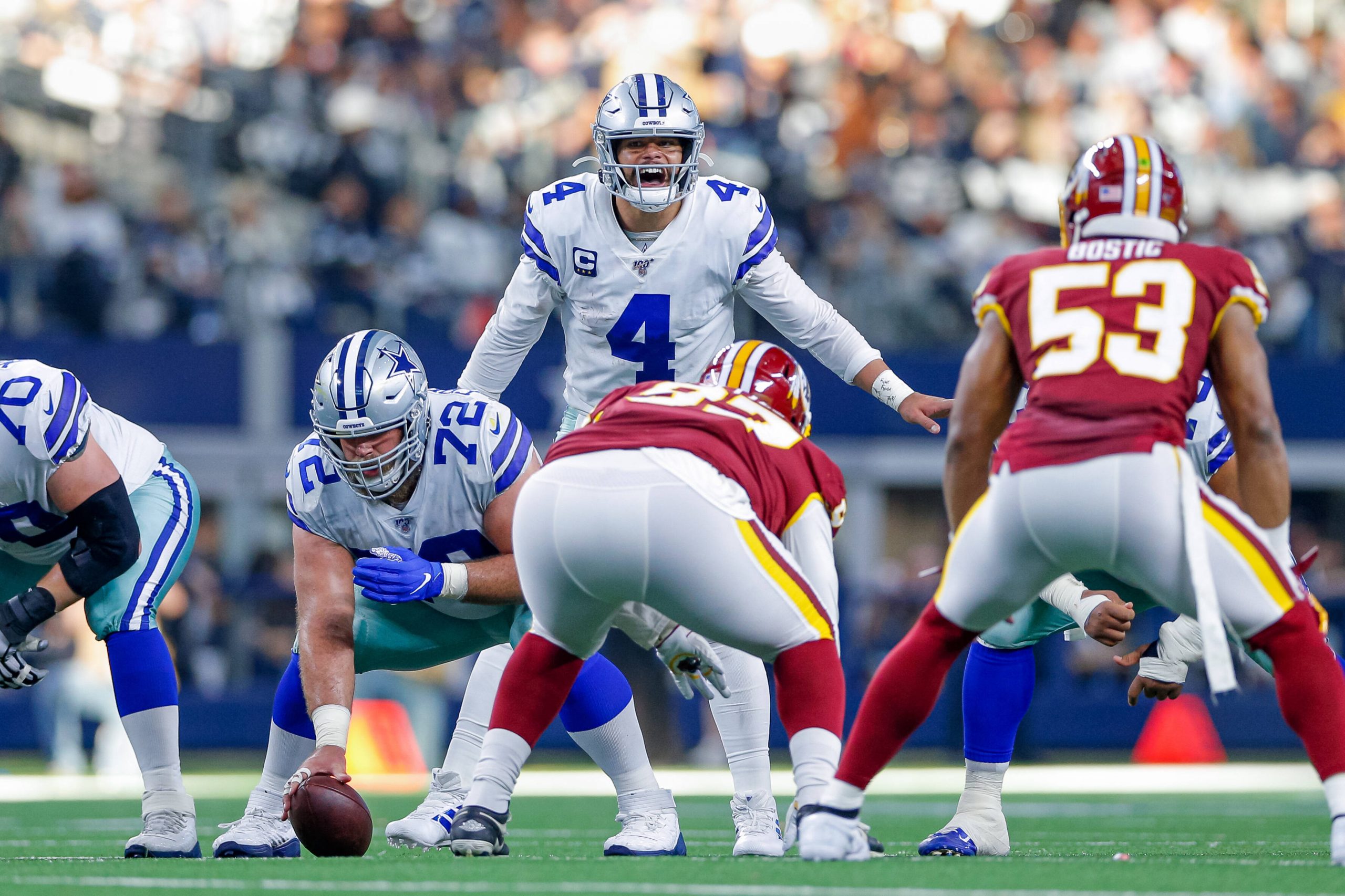 ARLINGTON, TX - DECEMBER 29: Dallas Cowboys Quarterback Dak Prescott (4) yells out the presnap signals during the NFC Ea