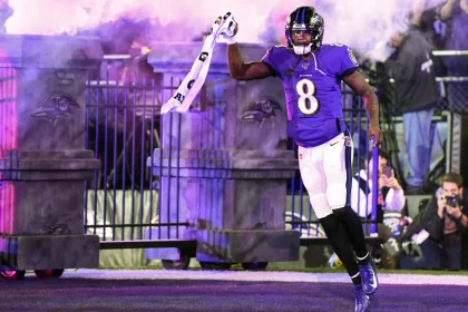 BALTIMORE, MD - JANUARY 11: Baltimore Ravens quarterback Lamar Jackson (8) takes the field on January 11, 2020, at M&T B