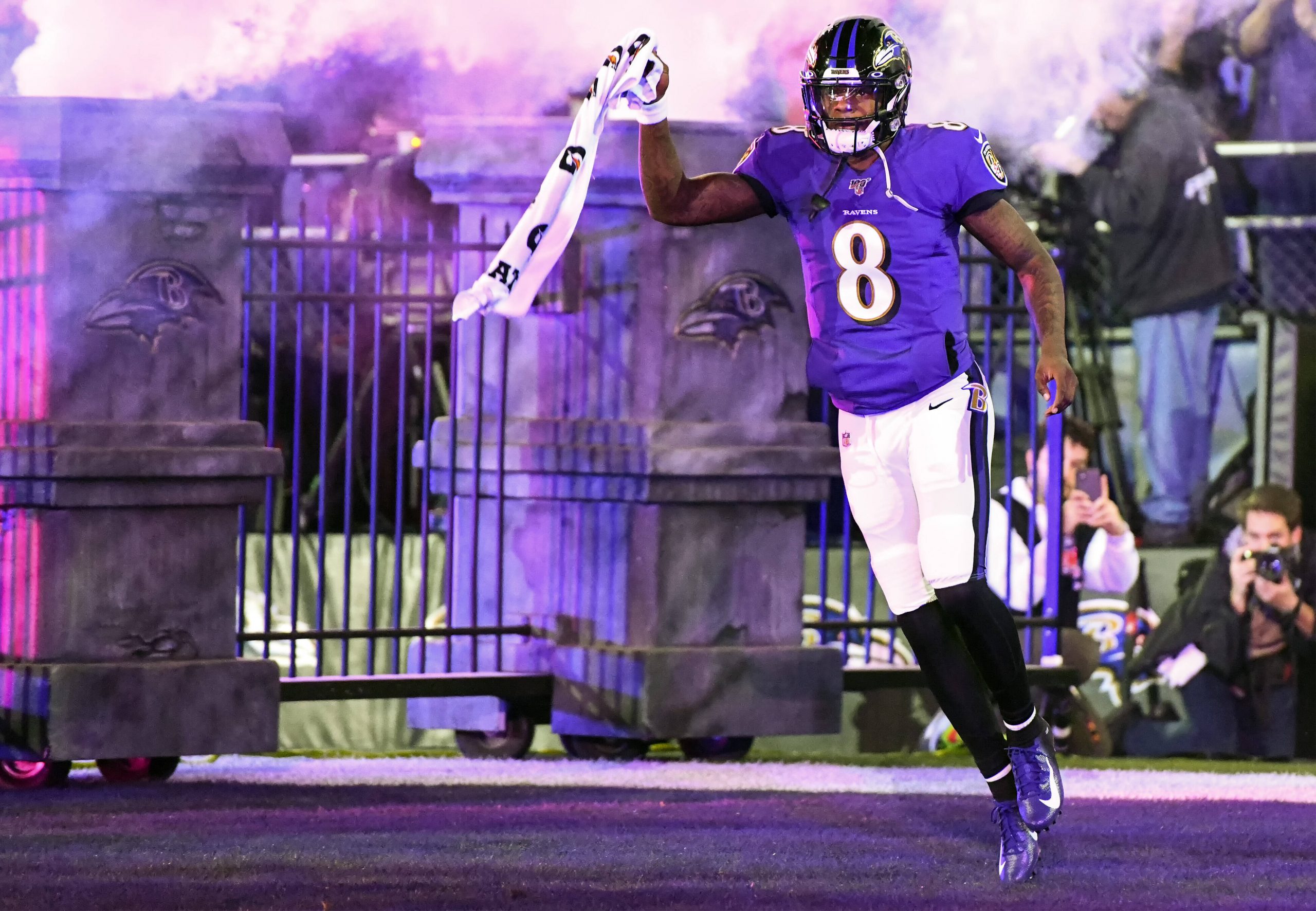 BALTIMORE, MD - JANUARY 11: Baltimore Ravens quarterback Lamar Jackson (8) takes the field on January 11, 2020, at M&T B