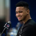 INDIANAPOLIS, IN - FEBRUARY 25: Alabama quarterback Tua Tagovailoa answers questions from the media during the NFL, Amer