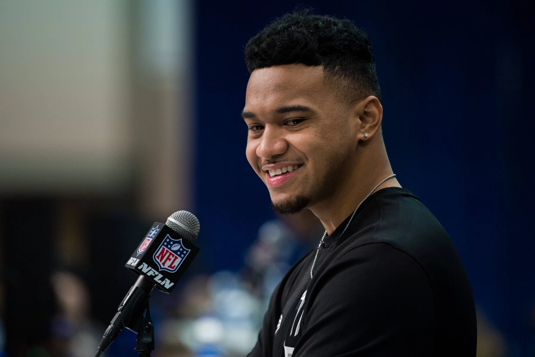 INDIANAPOLIS, IN - FEBRUARY 25: Alabama quarterback Tua Tagovailoa answers questions from the media during the NFL, Amer
