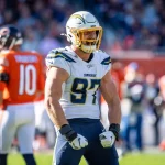 CHICAGO, IL - OCTOBER 27: Los Angeles Chargers Defensive End Joey Bosa (97) celebrates after the Chargers recover a Chic