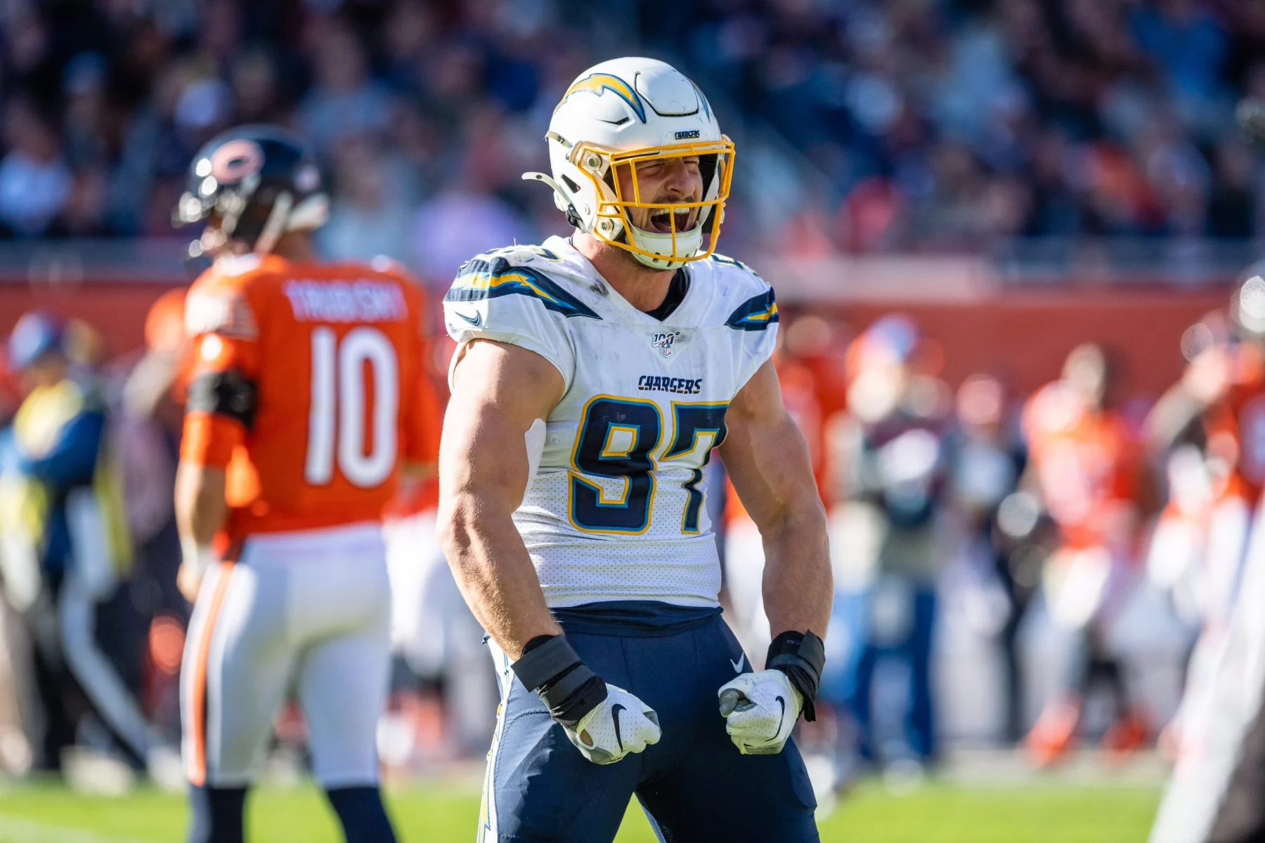CHICAGO, IL - OCTOBER 27: Los Angeles Chargers Defensive End Joey Bosa (97) celebrates after the Chargers recover a Chic