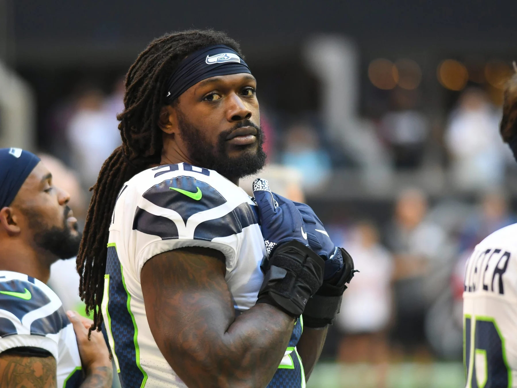 ATLANTA, GA - OCTOBER 27: Seattle Seahawks Linebacker Jadeveon Clowney (90) before the NFL, American Football Herren, US