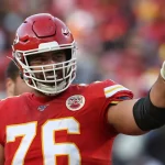KANSAS CITY, MO - JANUARY 19: Kansas City Chiefs offensive guard Laurent Duvernay-Tardif (76) points to the stands in t