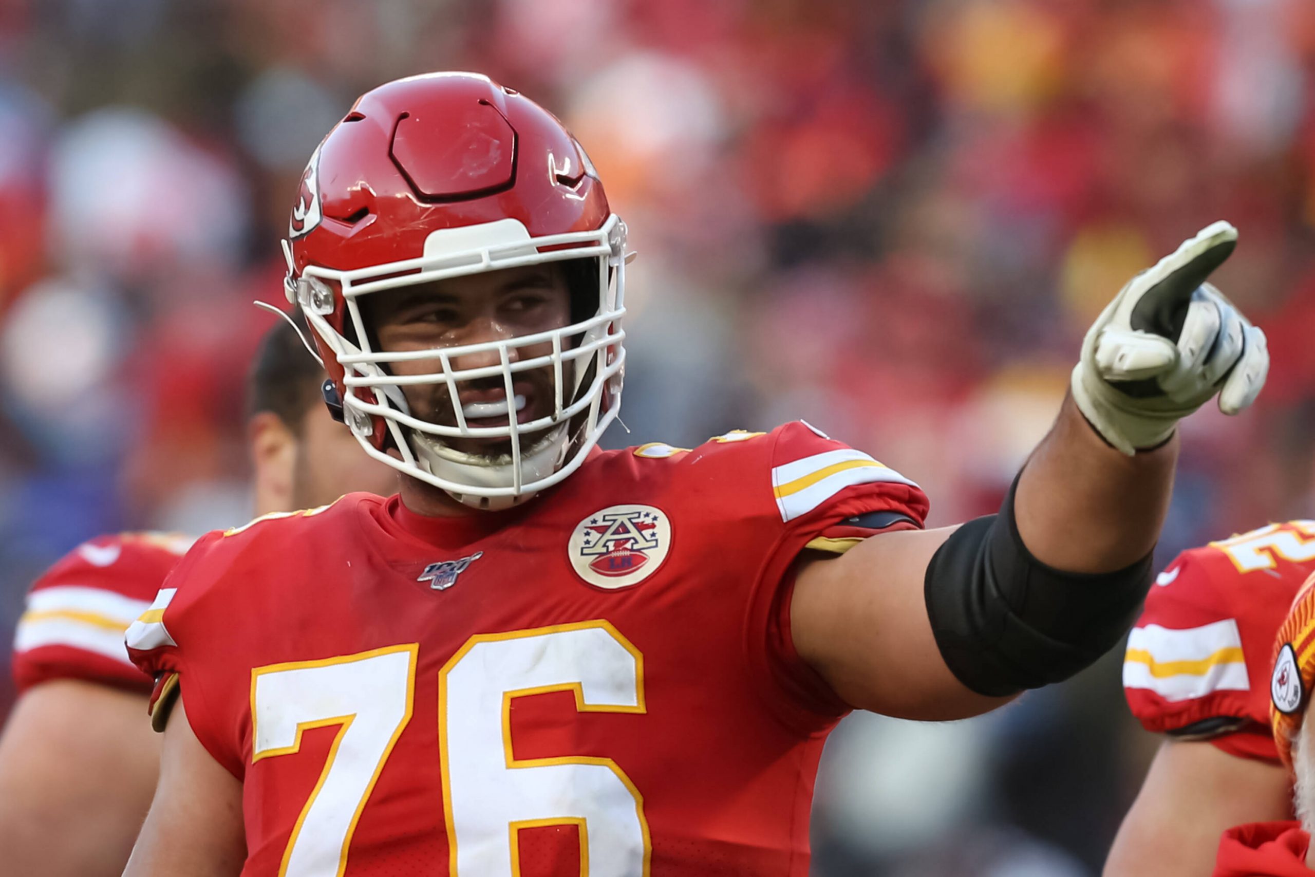 KANSAS CITY, MO - JANUARY 19: Kansas City Chiefs offensive guard Laurent Duvernay-Tardif (76) points to the stands in t