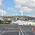 MIAMI GARDENS, FLORIDA - MARCH 22: General view outside coronavirus drive-thru testing site at Hard Rock Stadium in Miam