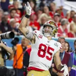 February 2, 2020, Miami Gardens, FL, USA: San Francisco 49ers tight end George Kittle 85 reacts after catching a first-half pass against the Kansas City Chiefs during Super Bowl LIV at Hard Rock Stadium in Miami Gardens, Fla., on Sunday, Feb. 2, 2020. Miami Gardens USA - ZUMAm67_ 20200202_zaf_m67_145 Copyright: xCharlesxTrainorxJrx