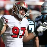 SANTA CLARA, CA - OCTOBER 27: San Francisco 49ers linebacker Nick Bosa (97) reacts to a play during an NFL, American Foo