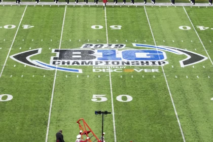 December 07, 2019: A general overall view of the Big Ten logo at midfield during NCAA, College League, USA Football game
