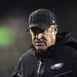 Philadelphia Eagles head coach Doug Pederson walks off the field during the first half against the New York Giants at L