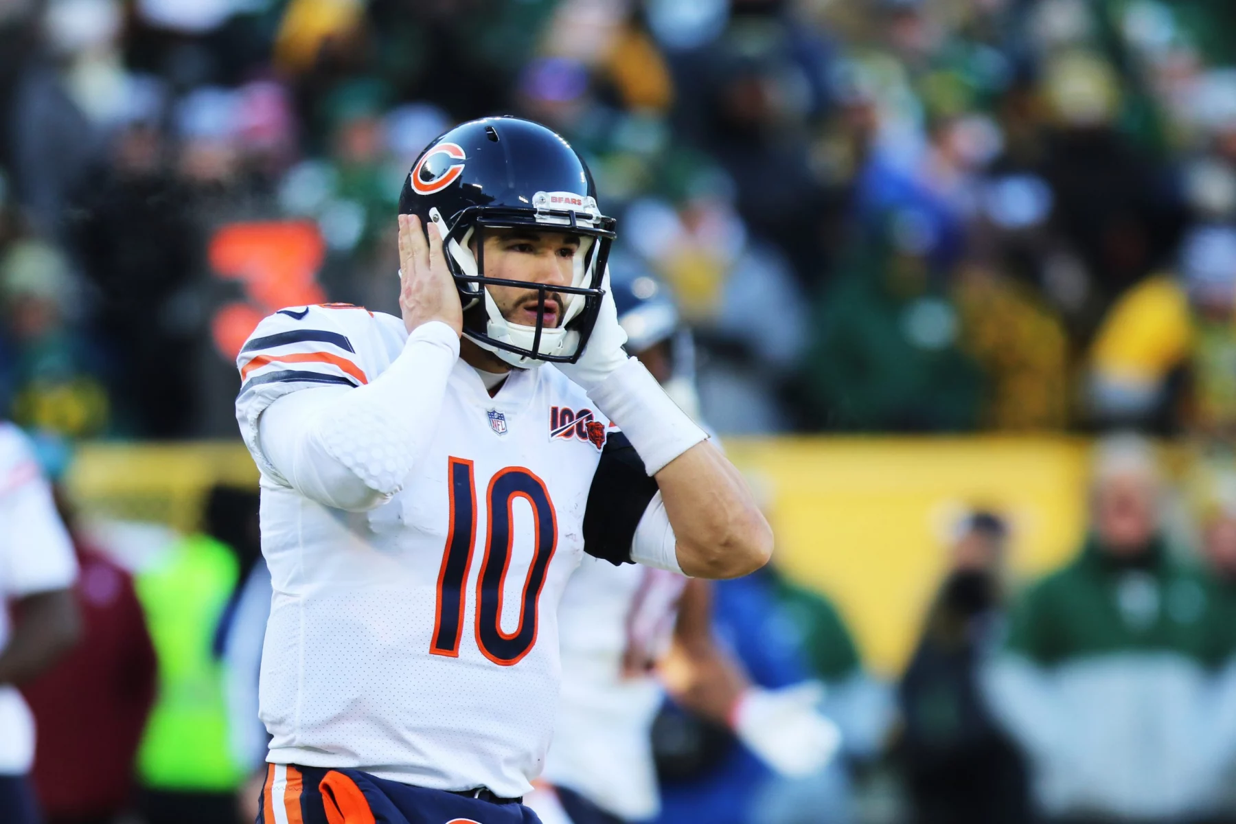 GREEN BAY, WI - DECEMBER 15: Chicago Bears quarterback Mitchell Trubisky (10) tries to hear a play call during a game be