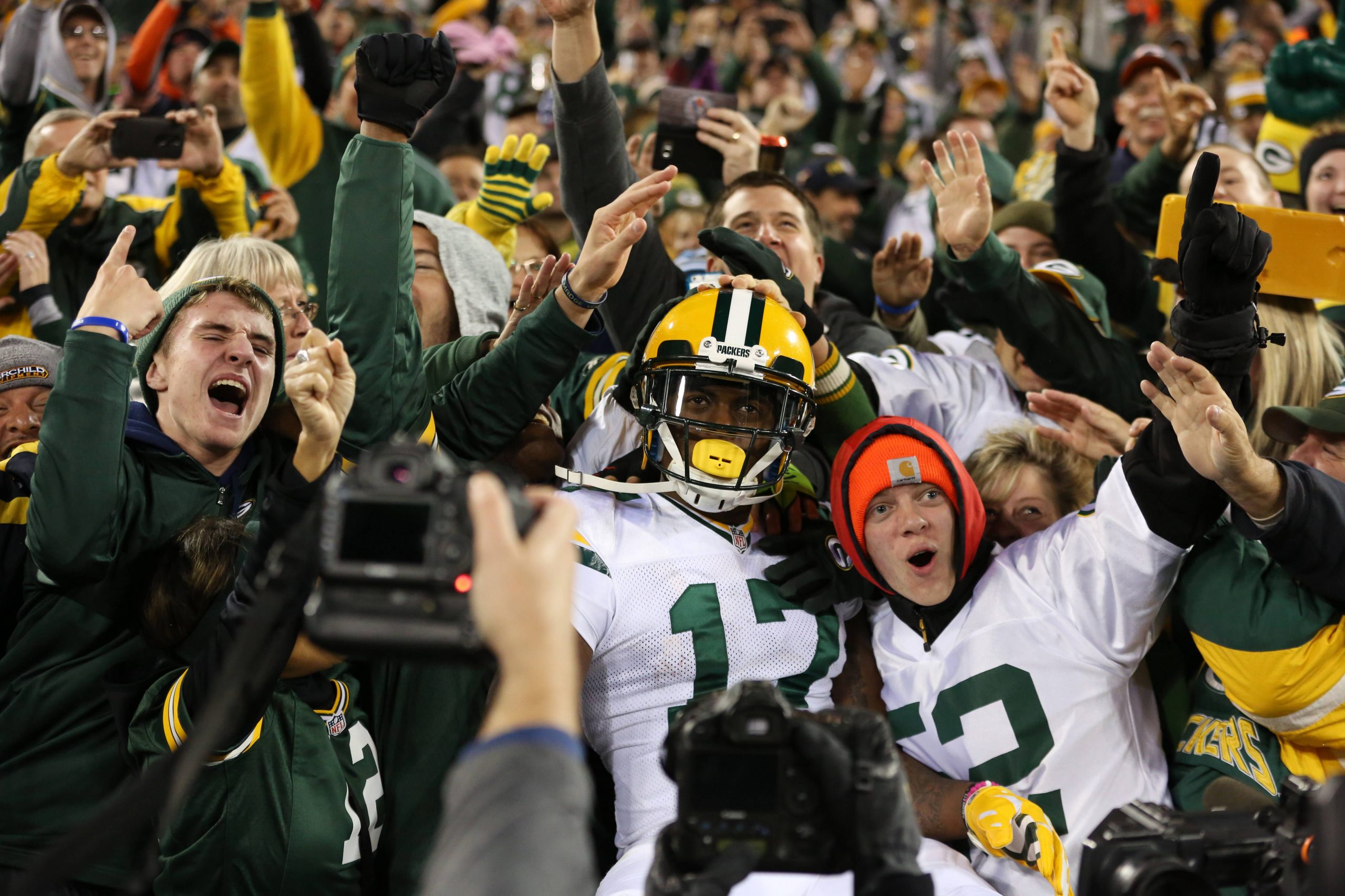 October 20 2016 Green Bay Packers Wide Receiver Davante Adams 17 does a Lambeau Leap with the fa