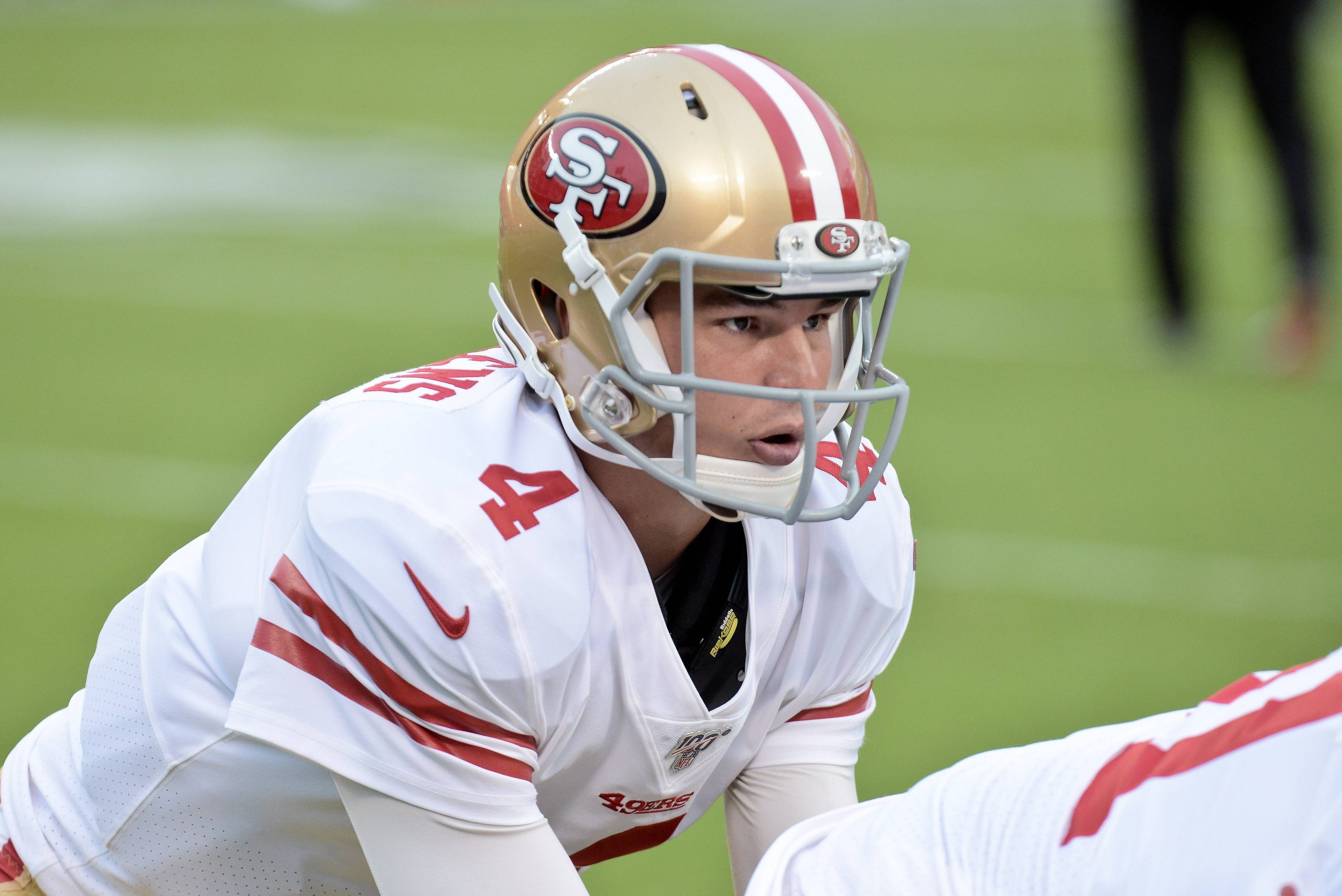 Aug 24 2019 During pregame warm ups quarterback Nick Mullens 4 of the San Francisco 49ers runs t