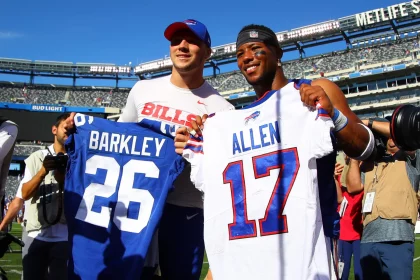 EAST RUTHERFORD NJ SEPTEMBER 15 Buffalo Bills quarterback Josh Allen 17 and New York Giants r