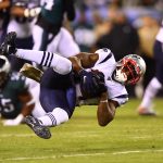 PHILADELPHIA, PA - NOVEMBER 17: New England Patriots Wide Receiver Mohamed Sanu (14) makes a reception in the first half
