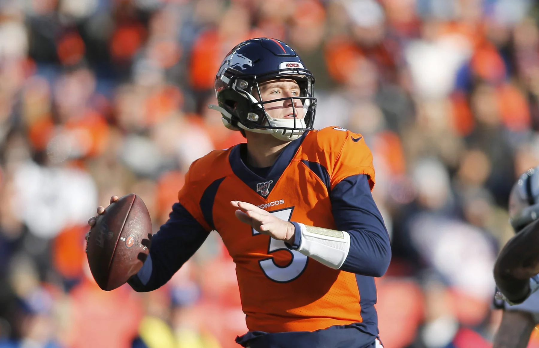 DENVER, CO - DECEMBER 29: Denver Broncos Quarterback Drew Lock (3) looks to pass during a regular season game between th