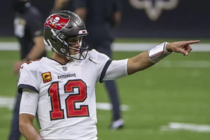 September 13, 2020, New Orleans, Florida, USA: Tampa Bay Buccaneers quarterback Tom Brady (12) points to the sideline w
