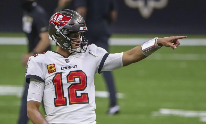 September 13, 2020, New Orleans, Florida, USA: Tampa Bay Buccaneers quarterback Tom Brady (12) points to the sideline w