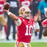 SAN FRANCISCO, CA - SEPTEMBER 13: San Francisco 49ers quarterback Jimmy Garoppolo (10) throws the football during the NF