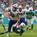November 17, 2019: Dawson Knox 88 of Buffalo is tackled by Bobby McCain 28 of Miami during the NFL, American Football He