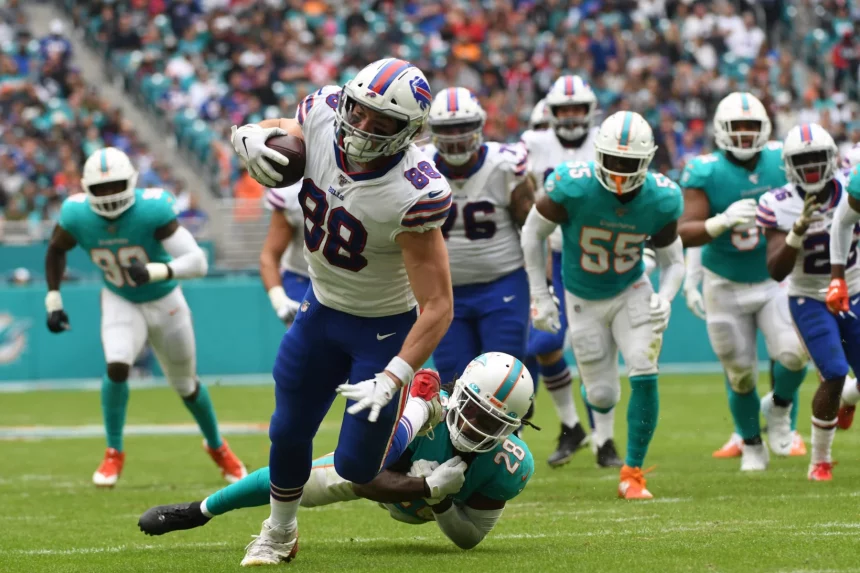 November 17, 2019: Dawson Knox 88 of Buffalo is tackled by Bobby McCain 28 of Miami during the NFL, American Football He