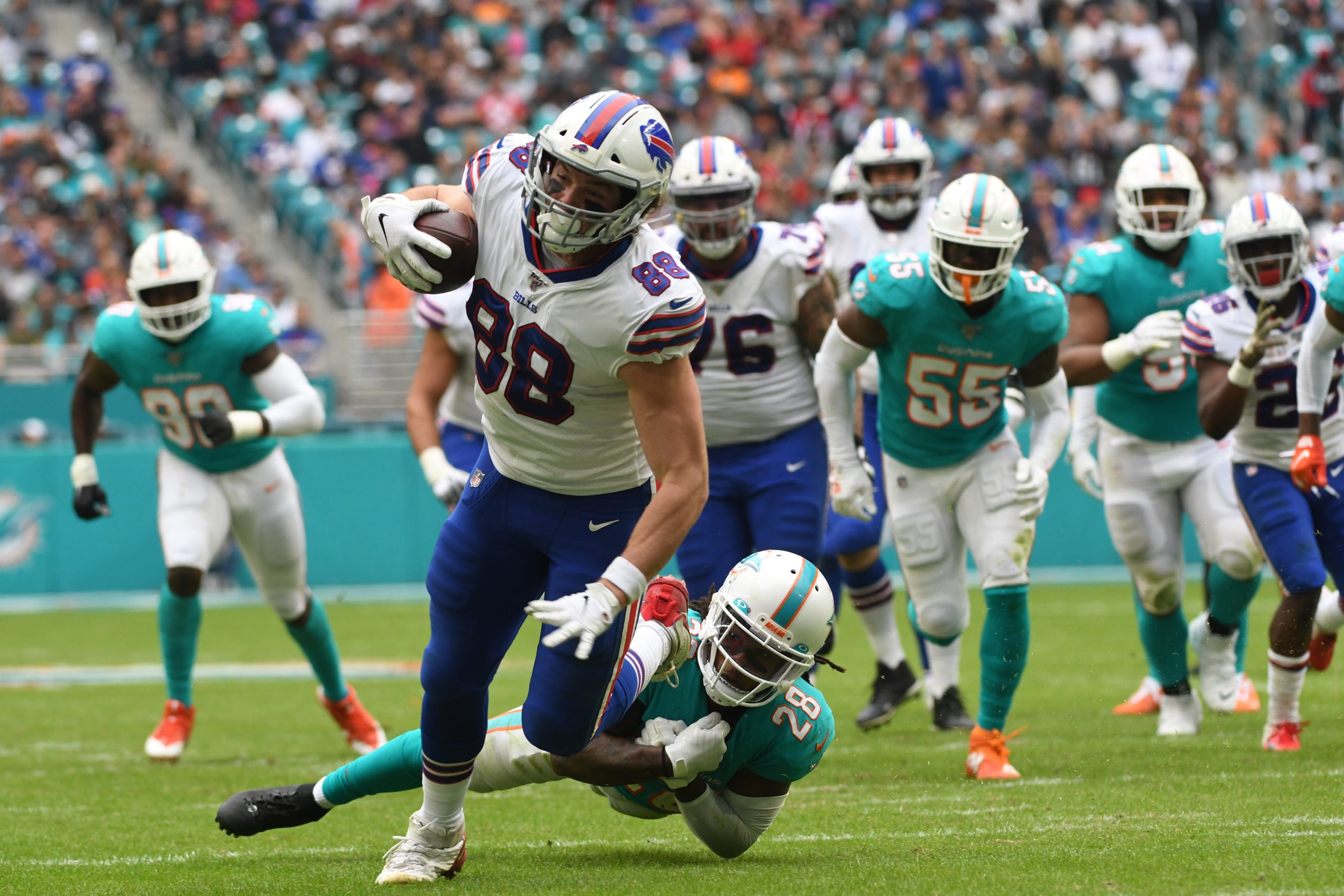 November 17, 2019: Dawson Knox 88 of Buffalo is tackled by Bobby McCain 28 of Miami during the NFL, American Football He