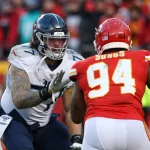 KANSAS CITY, MO - JANUARY 19: Tennessee Titans offensive tackle Taylor Lewan (77) blocks Kansas City Chiefs outside line